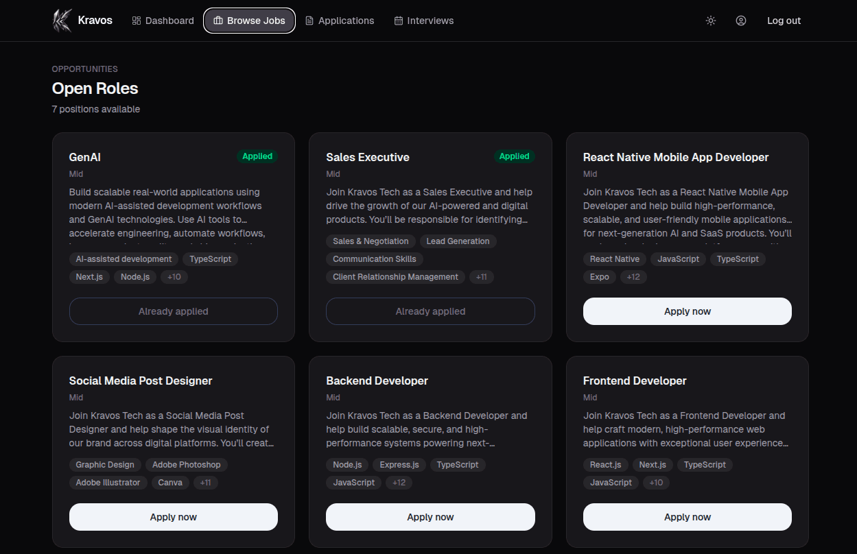 Kravos job listings page showing open roles with apply buttons